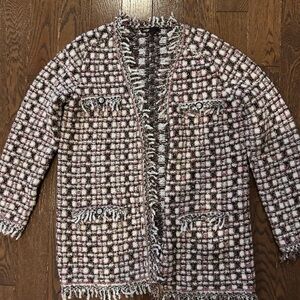 Maje Textured Knit Cardigan in Black, White, and Pink